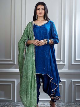 MANDIRA WIRK - Women Chanderi Blue Kurta with Pant and Dupatta