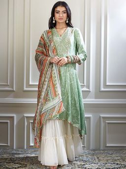 MANDIRA WIRK - Women Chanderi Green Kurta with Palazzo