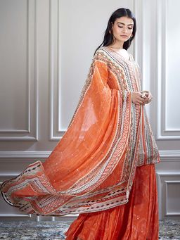 MANDIRA WIRK - Women Chanderi Orange Kurta with Sharara and Dupatta