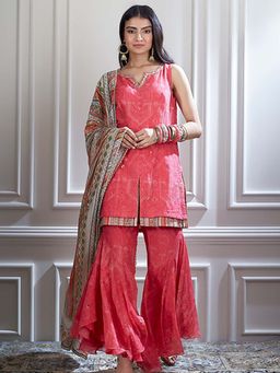 MANDIRA WIRK - Women Chanderi Pink Kurta with Sharara and Dupatta