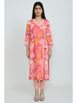 OMAANA - Women Cotton Pink Angrakha Kurta with Pant