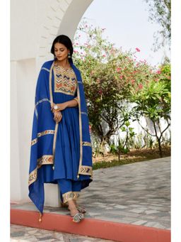 OMAANA - Women Mulmul Blue Kurta with Pant and Dupatta