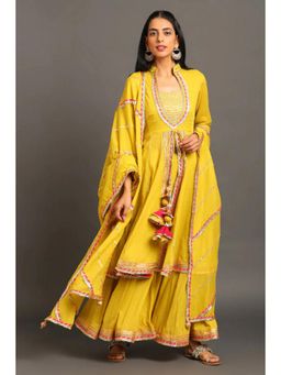 OMAANA - Women Cotton Yellow Kurta with Sharara and Dupatta