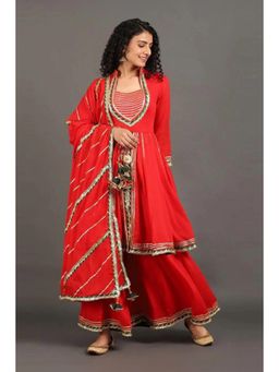 OMAANA - Women Mulmul Red Kurta with Sharara and Dupatta