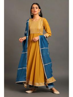 OMAANA - Women Mulmul Mustard Anarkali Kurta with Pant and Dupatta