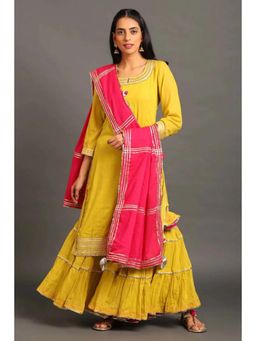 OMAANA - Women Mulmul Yellow Kurta with Sharara and Dupatta