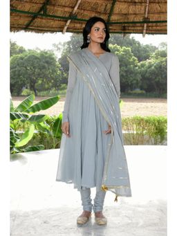 OMAANA - Women Mulmul Grey Anarkali Kurta with Churidar and Dupatta