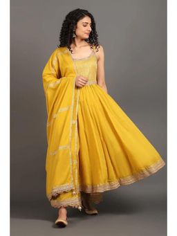 OMAANA - Women Chanderi Yellow Anarkali Kurta with Palazzo and Dupatta