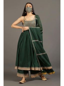 OMAANA - Women Mulmul Green Anarkali Kurta with Palazzo and Dupatta