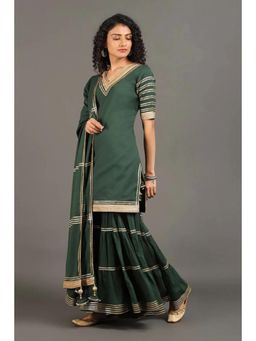 OMAANA - Women Mulmul Green Kurta with Gharara and Dupatta