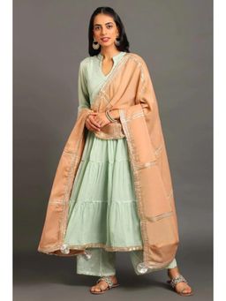 OMAANA - Women Mulmul Green Kurta with Palazzo and Dupatta