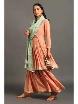 OMAANA - Women Mulmul Peach Angrakha Kurta with Sharara and Dupatta