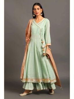 OMAANA - Women Mulmul Green Kurta with Sharara and Dupatta