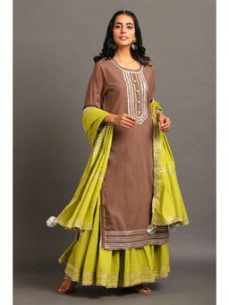 OMAANA - Women Chanderi Green Kurta with Skirt and Dupatta