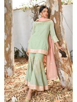 OMAANA - Women Mulmul Green Kurta with Sharara and Dupatta