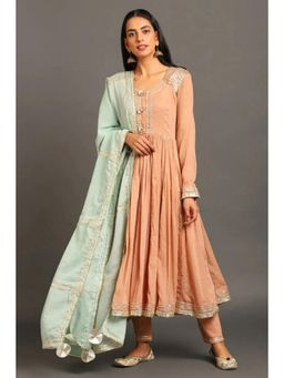OMAANA - Women Mulmul Peach Anarkali Kurta with Pant and Dupatta