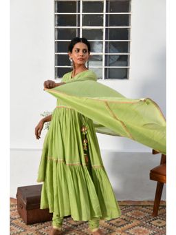 OMAANA - Women Mulmul Green Angrakha Kurta with Churidar and Dupatta