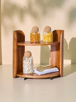 Brick Brown - 2 Tier Brown Wing Organizer Wooden Spice Rack