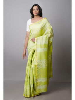 Unnati Silks - Light Green Pure Block Printed Chanderi Sico Saree with Unstitched Blouse