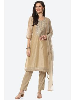 Biba - Beige Chanderi Embroidered Unstitched Suit (Set of 3)