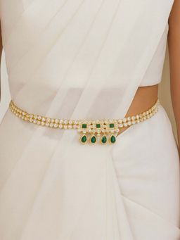 I Jewels - Gold Plated Green and White Kundan Studded Kamar bandh