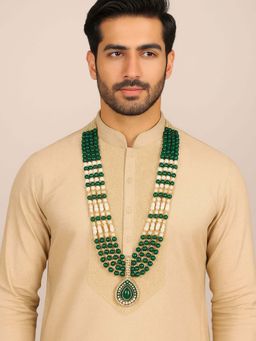 I Jewels - Traditional Gold Plated Multi Layered White And Green Beaded Necklace
