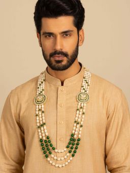 I Jewels - Gold Plated Multi Layered White And Green Beaded Necklace