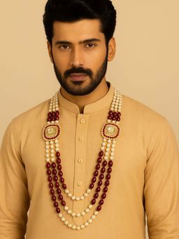 I Jewels - Gold Plated Multi Layered White And Maroon Beaded Necklace