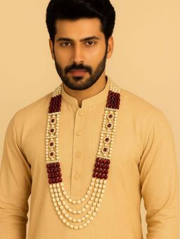 I Jewels - Gold Plated White And Maroon Multi Layered Necklace