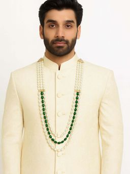 I Jewels - Gold Plated Multi Layered White And Green Beaded Necklace