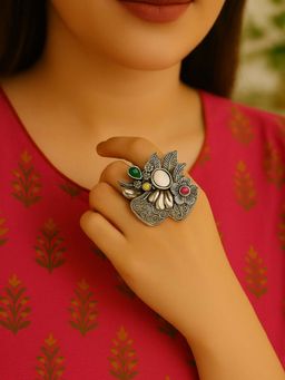 I Jewels - Silver-Plated Adjustable Oxidised Finger Ring For Women