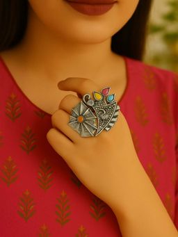 I Jewels - Silver-Plated Adjustable Oxidised Finger Ring For Women