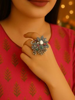 I Jewels - Silver-Plated Adjustable Oxidised Finger Ring For Women