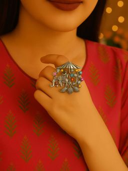 I Jewels - Silver-Plated Adjustable Oxidised Finger Ring For Women