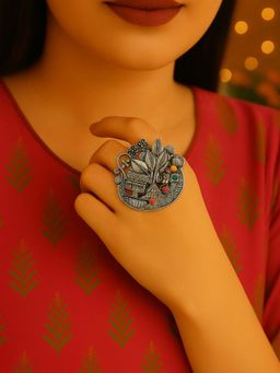 I Jewels - Silver-Plated Adjustable Oxidised Finger Ring For Women