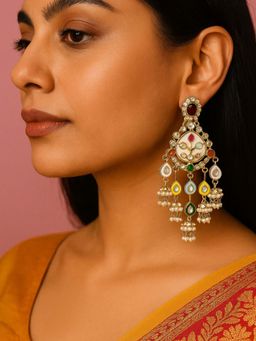 I Jewels - Traditional Gold Plated Kundan Studded and Beaded Drop Earrings