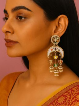I Jewels - Traditional Gold Plated Kundan Studded and Beaded Drop Earrings