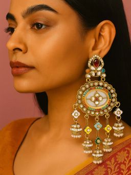I Jewels - Traditional Gold Plated Kundan Studded and Beaded Drop Earrings