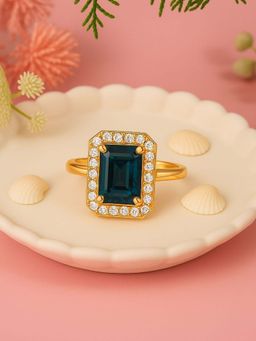 I Jewels - Gold Plated Blue AD and White Cubic Zirconia Studded Adjustable Finger Ring