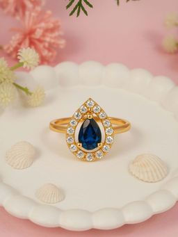 I Jewels - Gold Plated Blue AD and White Cubic Zirconia Studded Adjustable Finger Ring