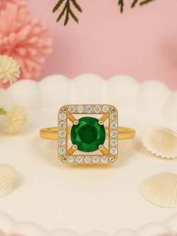I Jewels - Gold Plated Green AD Cubic Zirconia Studded Adjustable Finger Ring