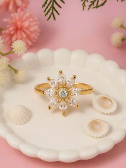 I Jewels - Gold Plated White Stone Studded Adjustable Finger Ring