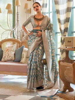 Sareemall - Women's Tissue Teal Blue Woven Designer Saree with Unstitched Blouse