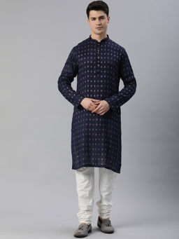 Manthan - Navy Blue Art Silk Printed Kurtas for Men