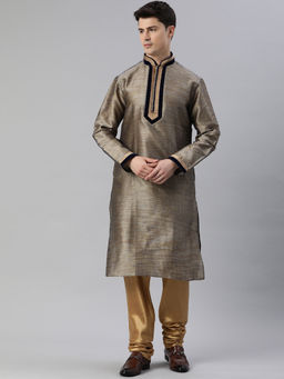 Manthan - Beige Art Silk Self Design Kurtas for Men