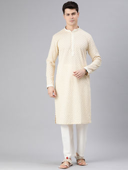 Manthan - Beige Cotton Embroidered Kurta Pyjama for Men (Set of 2)