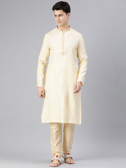 Manthan - Cream Art Silk Self Design Kurta Pyjama for Men (Set of 2)