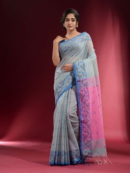 CHARUKRITI - Powder Blue with Floral Border and Contrast Pallu Saree with Unstitched Blouse