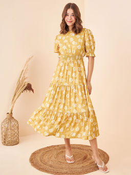 Kibo - Womens Floral Print Puff Sleeved Midi Dress