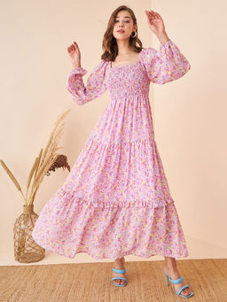 Kibo - Womens Pink Floral Smocking Detail Maxi Dress